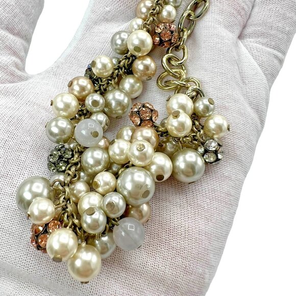 LOFT Gold Tone Imitation White Pearl Pink Crystals Cluster Beaded Bib Necklace - Picture 3 of 4